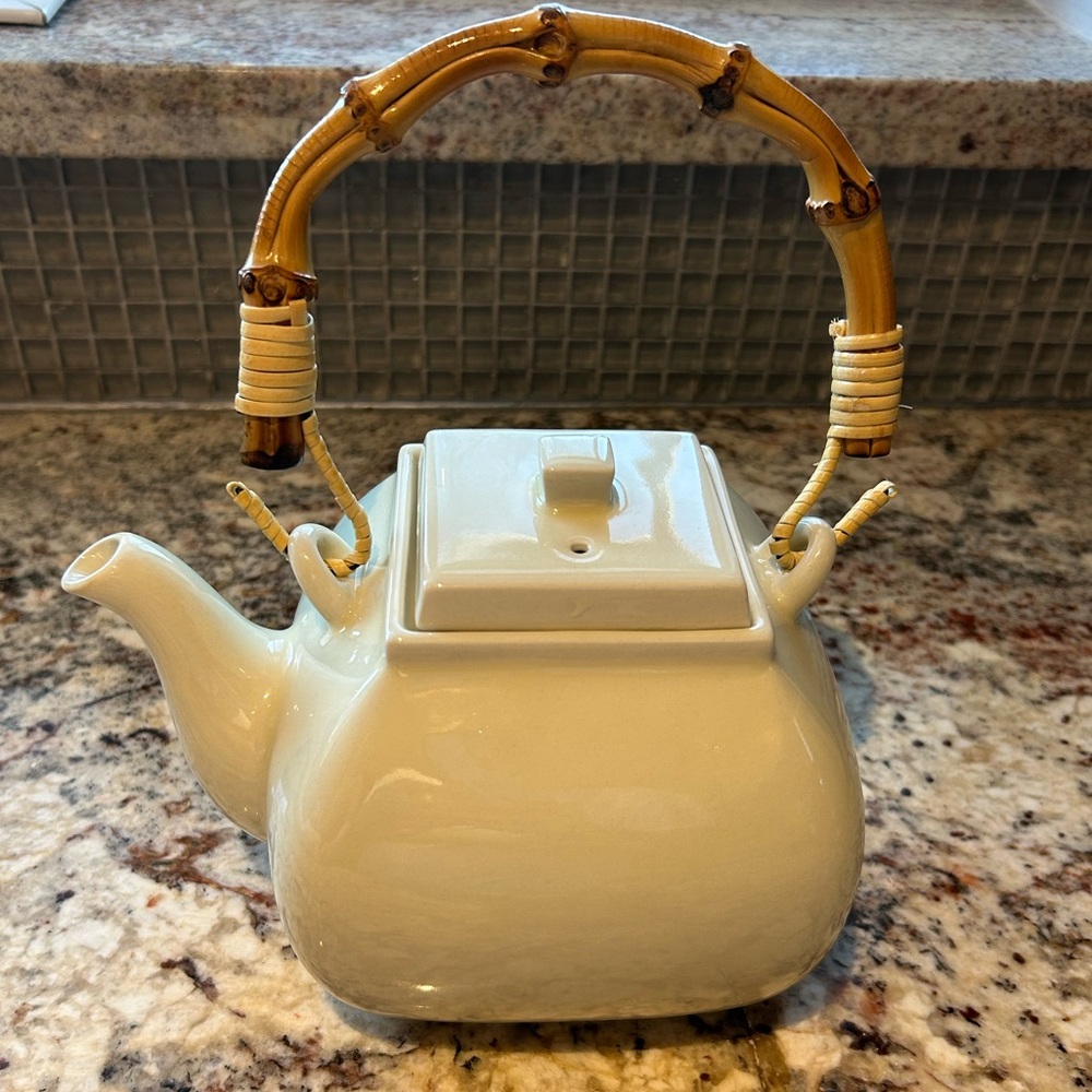 Pottery Barn Ceramic Teapot Asian Square Bamboo Handle 48 oz Made in Japan